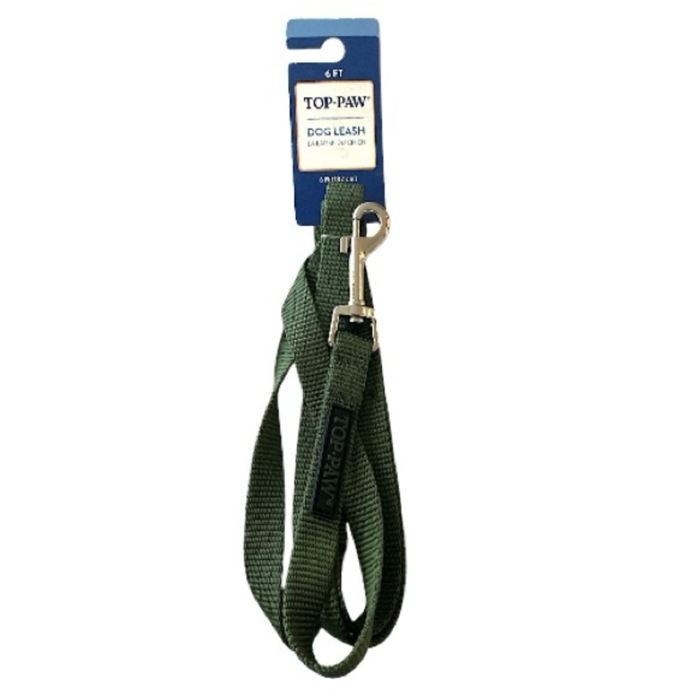 Top Paw 6 ft Long Olive Green Dog Leash D Ring Silver Hardware Standard Leash